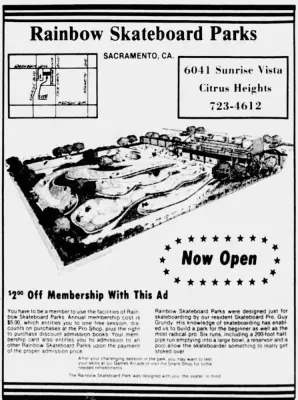 Advertisement for Rainbow Skatepark - Sacramento - The Folsom Telegraph 07 Jun 1978, Wed ·Page 22