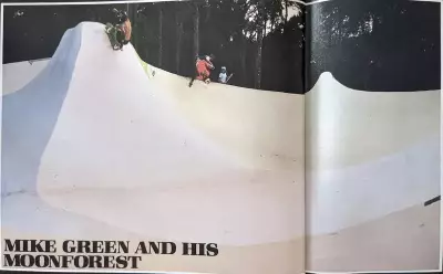 Mark Lake and Charlie amidst spacey shapes i the &quot;Skater Crater&quot; - Mike Greene&#039;s Tomoka Moonforest Skatepark - Photos by Kathy Jaeger in Skate Magazine 1979