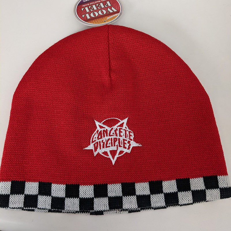 Concrete Disciples Embroidered Logo Checkered Beanie – Red
