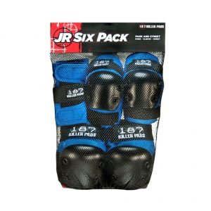 187 Junior Six Pack Pad Set Contains knee pads, elbow pads, and wrist guards in a set.