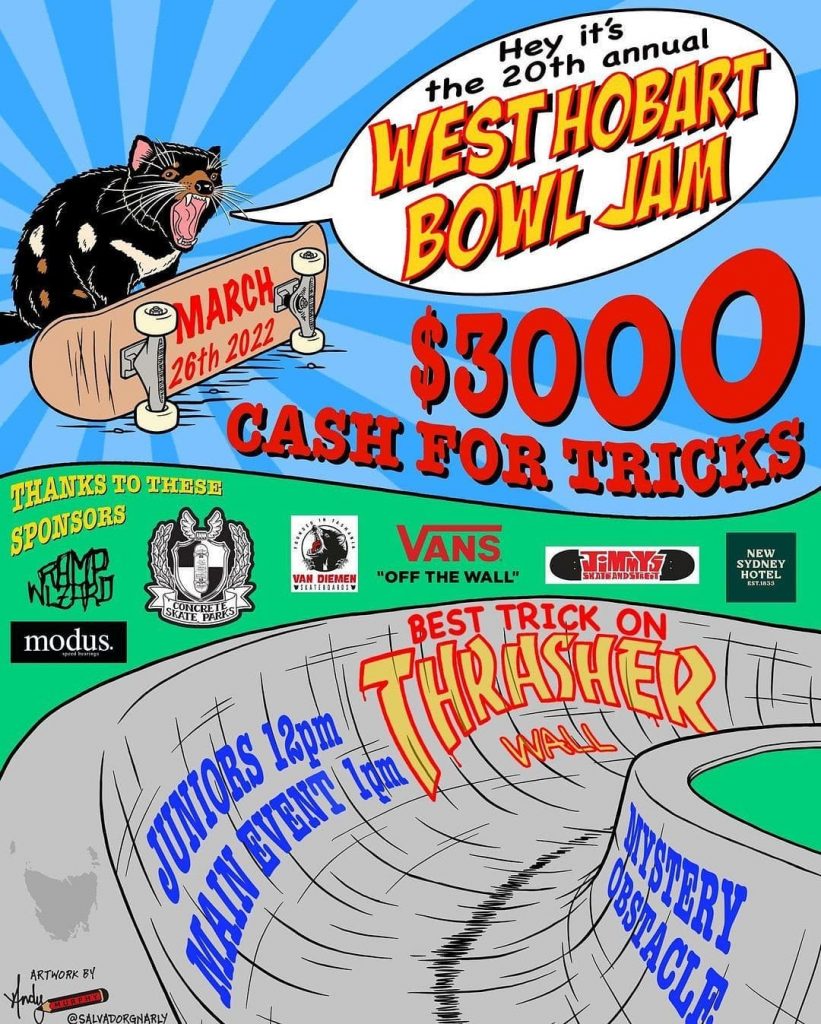 West Hobart (UK) Bowl Jam is happening Saturday, March 26, 2022. $3000 cash for tricks  to be given away. Go land some bangers and get some $$$.