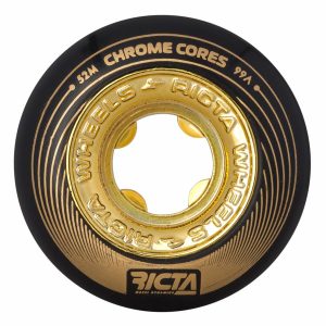 Ricta - 52mm Chrome Cores Wheels 99a Black/Gold Ricta Wheel Dynamics 52mm Chrome Core Black Gold 99a. By working to perfect cored wheel tech over the last 20 years, the newest Ricta Cores provide a unique speed and reduced rolling resistance. Coupled with Ricta's high performance urethane, Ricta Cores are ultra fast and smooth and maintain shape integrity when landing tricks for quick rollaway.
