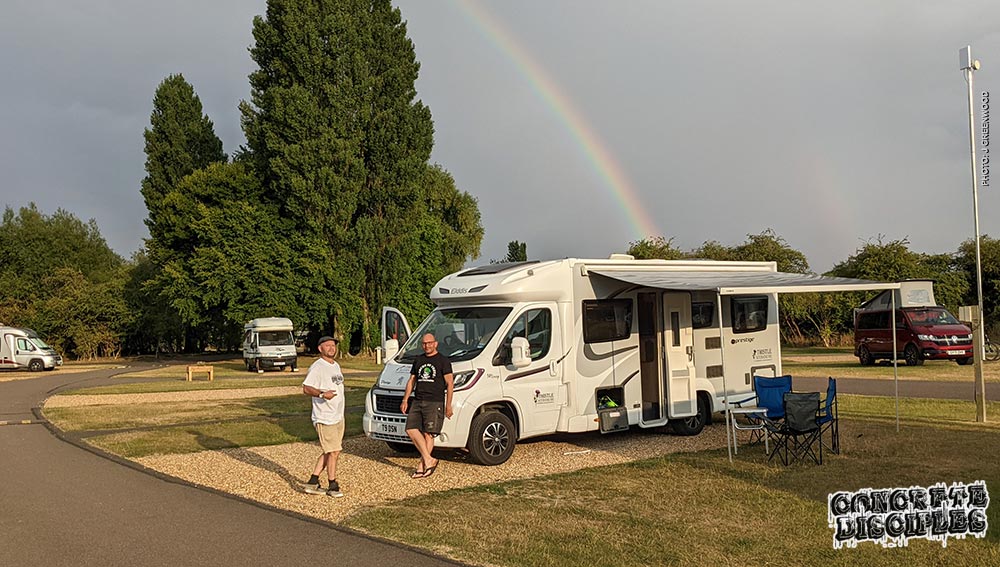Camping in the RV under a rainbow
