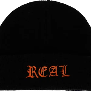 Real Skateboards - Script Cuff Beanie -Black with Orange Embroidered Logo on Cuff